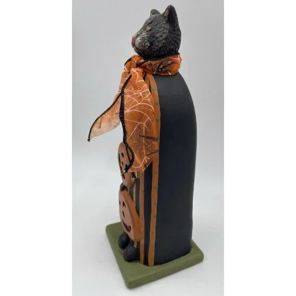 Halloween Black Cat Pumpkin Tea Candle Holder Ceramic Statue Folk Decoration 10" - Picture 4 of 11